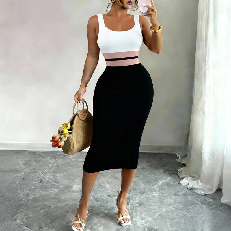 Women's White Black Patchwork Block Square Neck Sleeveless Stretchy Knit Bodycon Midi Dress Elegant Summer Daily Party...