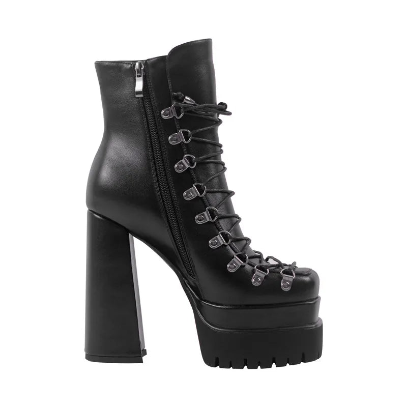 Onlymaker Double Platform Punk Boots Side Zipper Lace-up Fashion Matte Ankle Boots