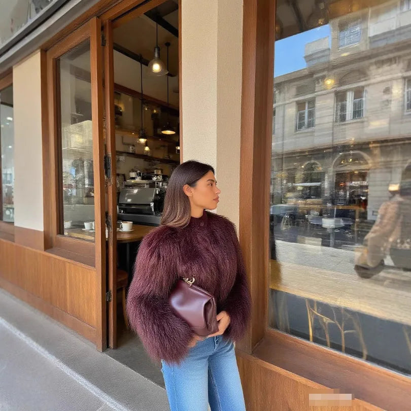 Women's Faux Fur Warm Jacket Fashion Vintage Winter Casual Single Breasted Coat Long Sleeves Stand Collar Short Tops Outwear