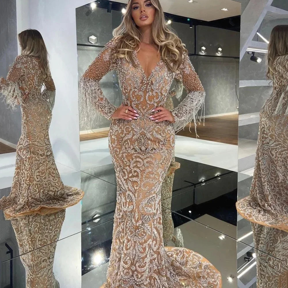 2025 New Spring Cross-Border Women's Evening Dress Long Sexy Elegant Fringed Gold-Sprinkled Mermaid Gown For Wedding