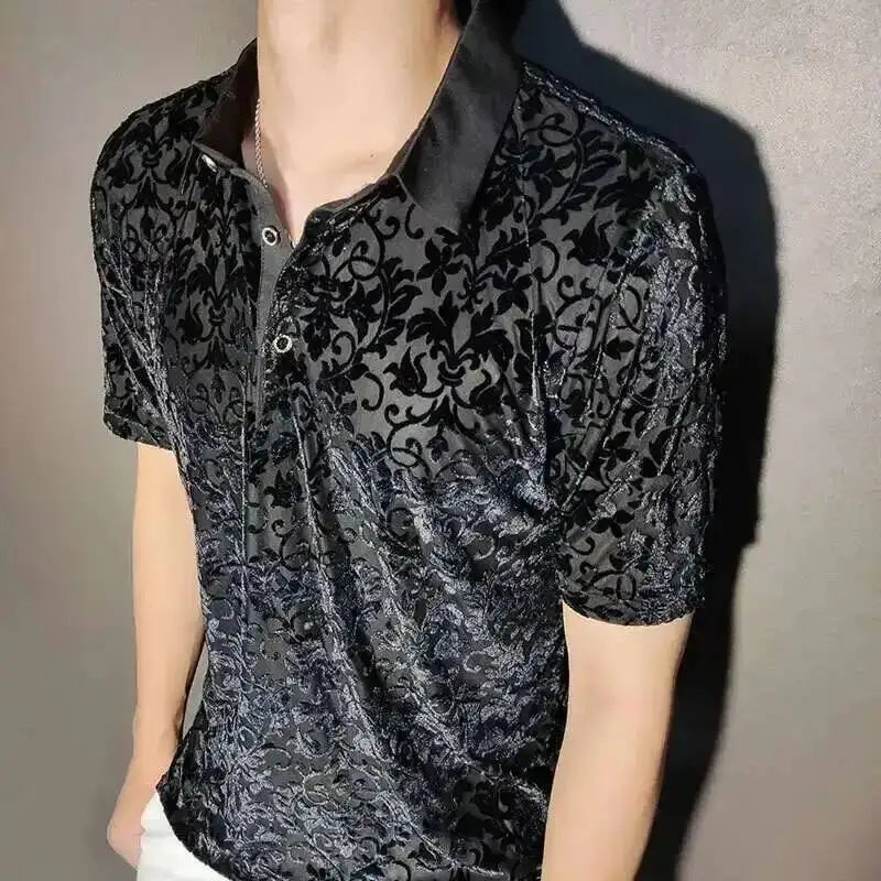Black Gold Abstract Pattern Lace Sexy Polo See Quality Men Through Social Club Luxe Transparent Shirt Summer Short Sleeve Polo - Kimlud