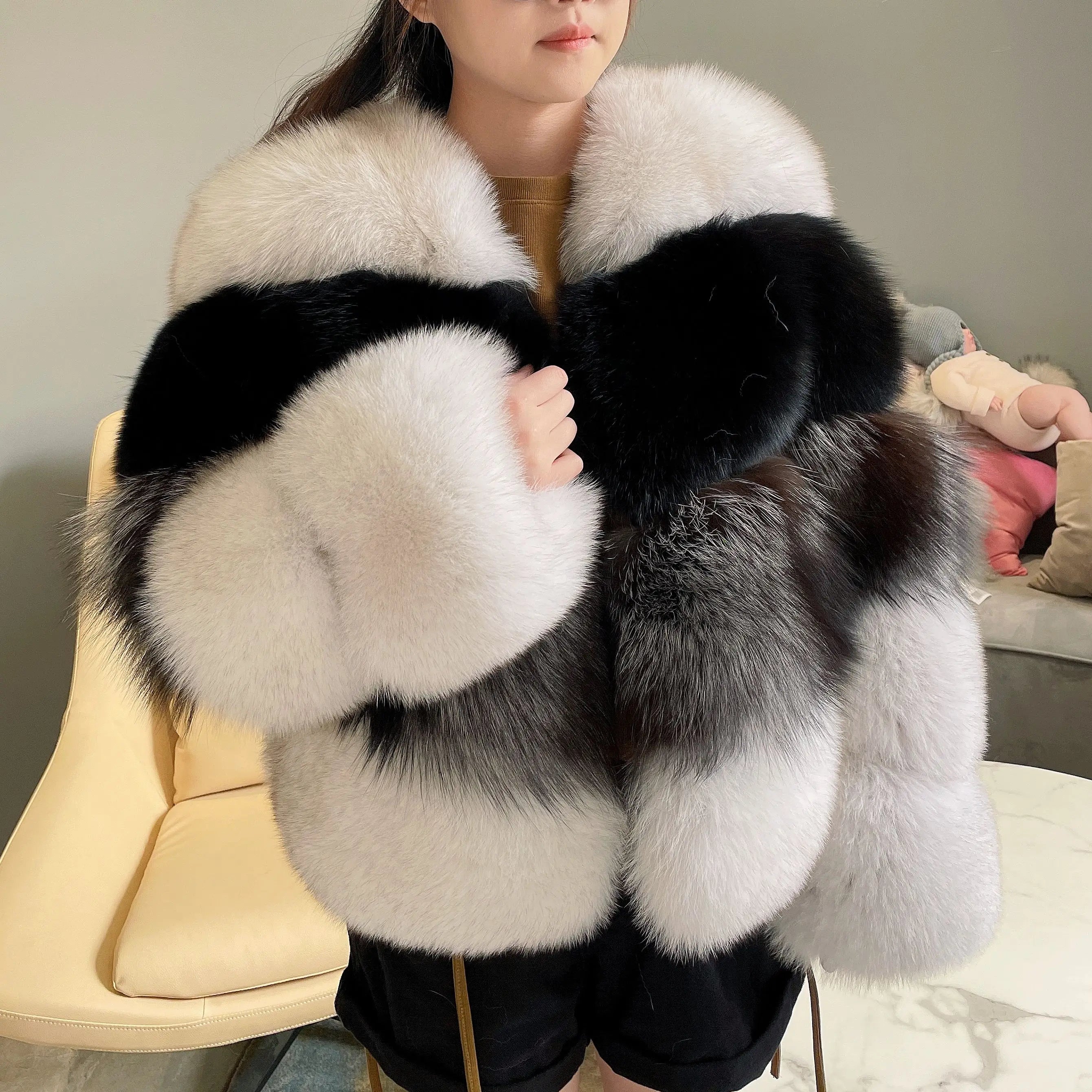 JANEFUR Real Fur Coat Women 2023 Mixed Color Custom Fashion Natural Fox Fur Jacket Female Drop shipping Warm Winter Outfit