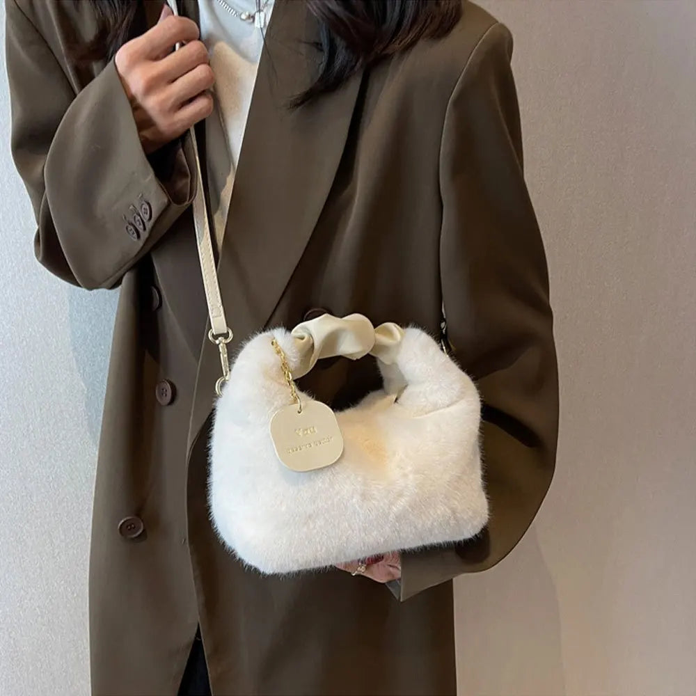 Fashionable Cute Plush Crossbody Bag for Women's Solid Color Soft Fluffy Handbag Autumn Winter Soft Plush Shoulder Bag