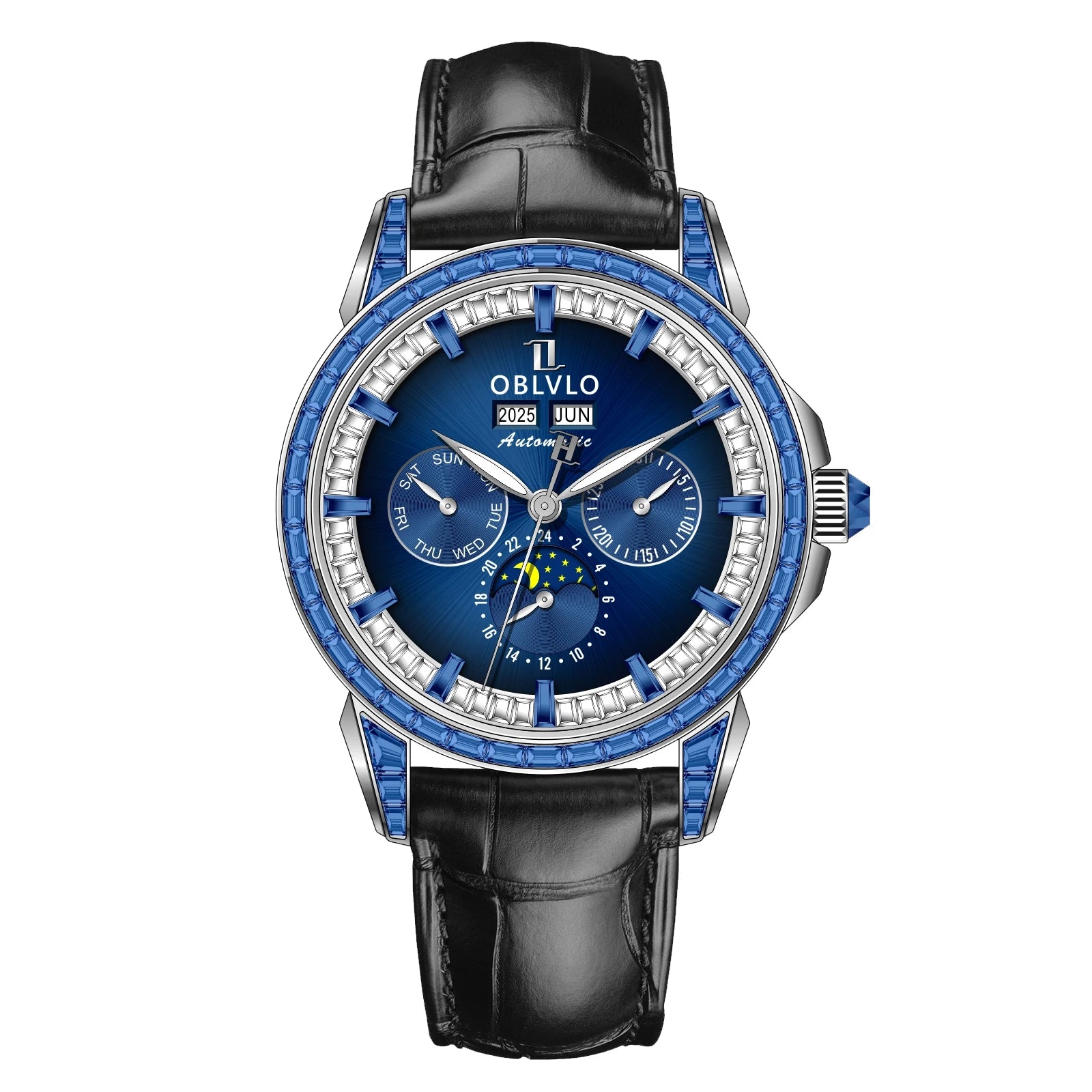 OBLVLO Men's Fashion Automatic Watch Colorful Zircon Moonphase Mechanical Multifunctional Black Leather Strap Timepiece...