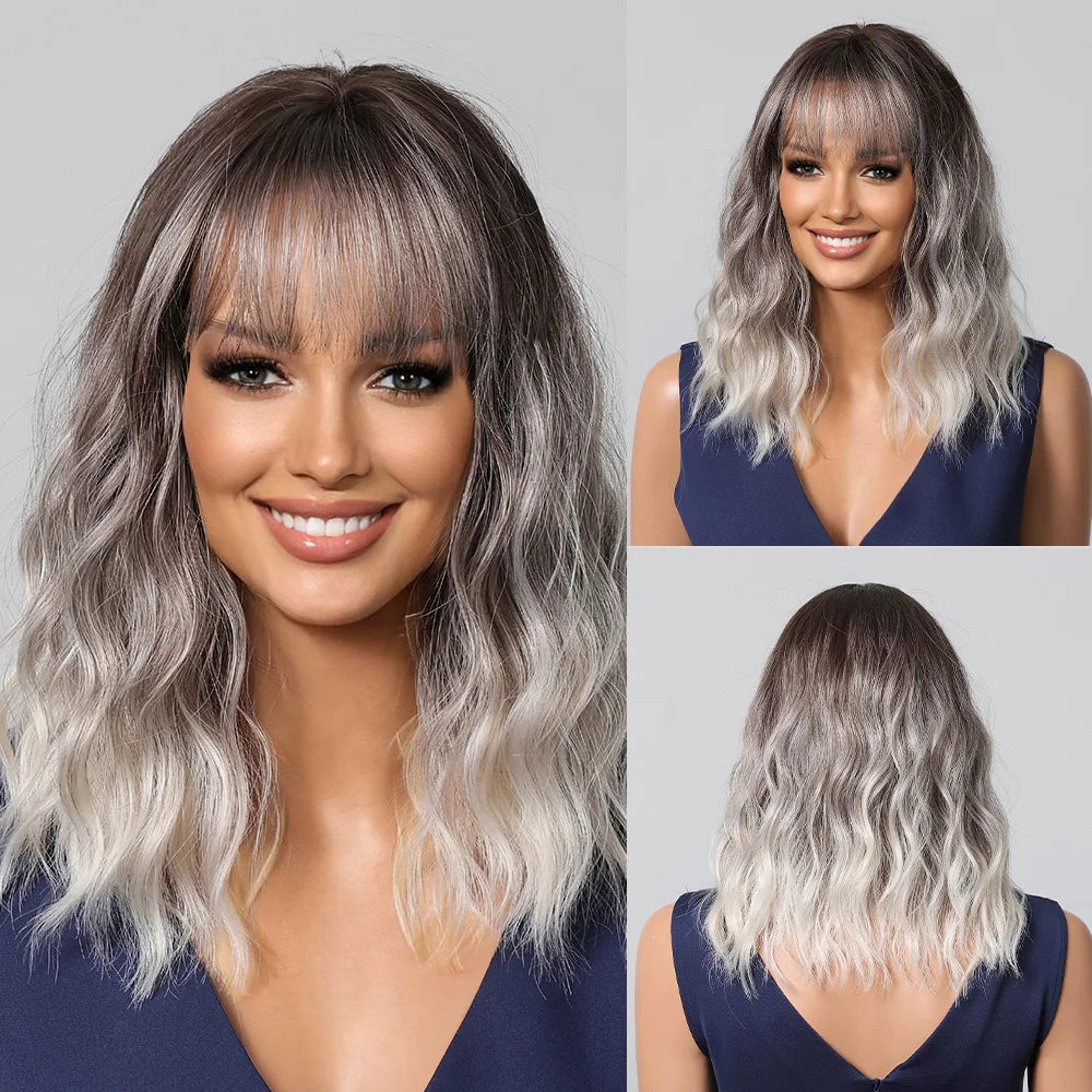 Golden Blonde Mixed Synthetic Wig Dark Root Wavy Hair With Side Bangs for Women Daily Party Cosplay wig Heat Resistant Fiber