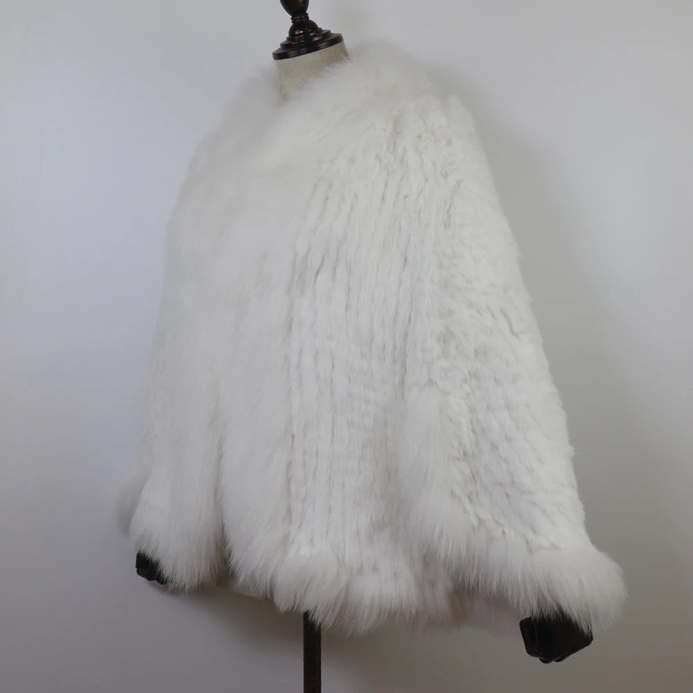 Hot Women Knitted 100% Real Rabbit Fur Shawl Winter Warm Genuine Rabbit Fur Pashmina Coat With Fox Fur Collar For Female...