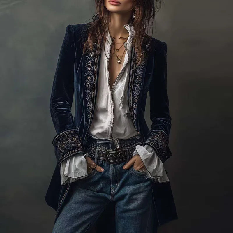 Ethnic Retro Floral Print Velvet Woman Blazer Jacket Sexy Notched Collar Slim Autumn Outerwear Long Sleeve Winter Cardigans Coat