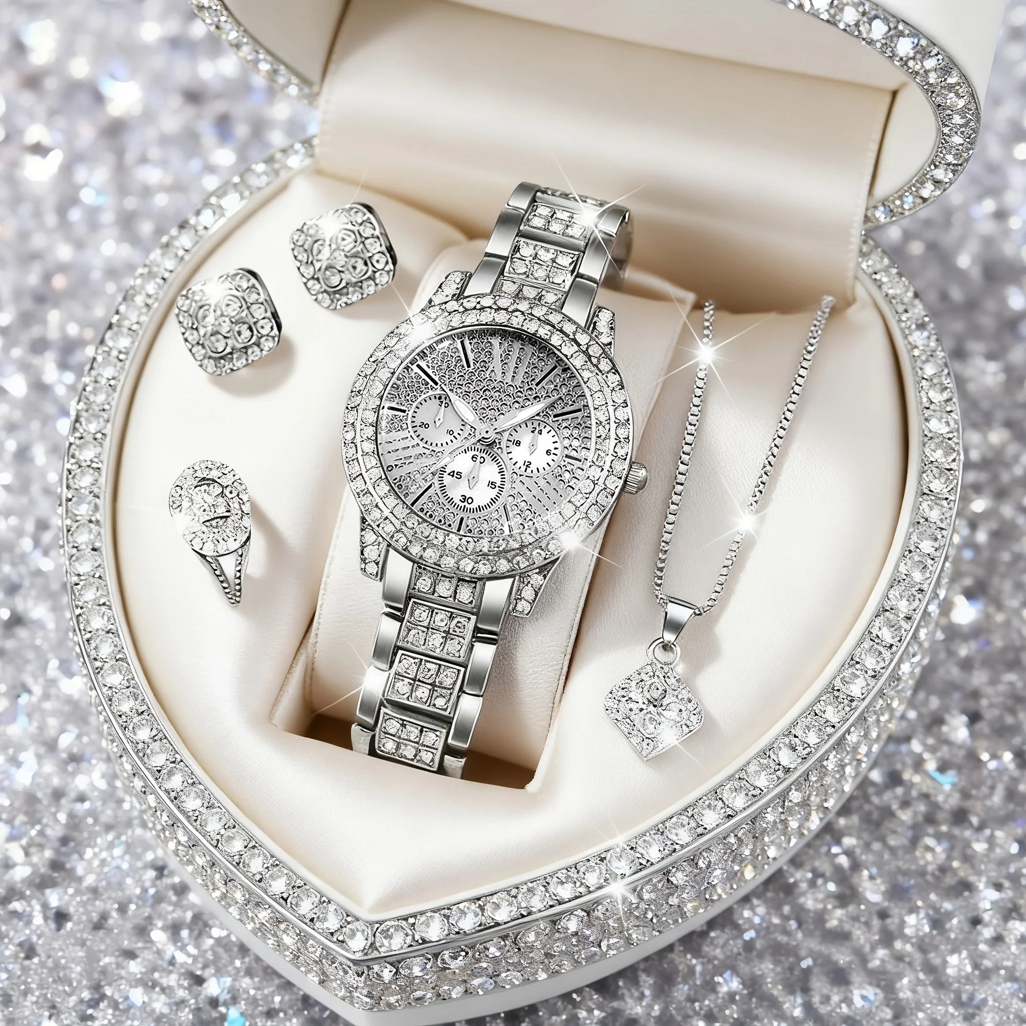 5PCS Elegant Women's Watch Jewelry Set Fashion Rhinestone Ladies Quartz Wristwatch Reloj Mujer Girls Clock Gift(Without Box)