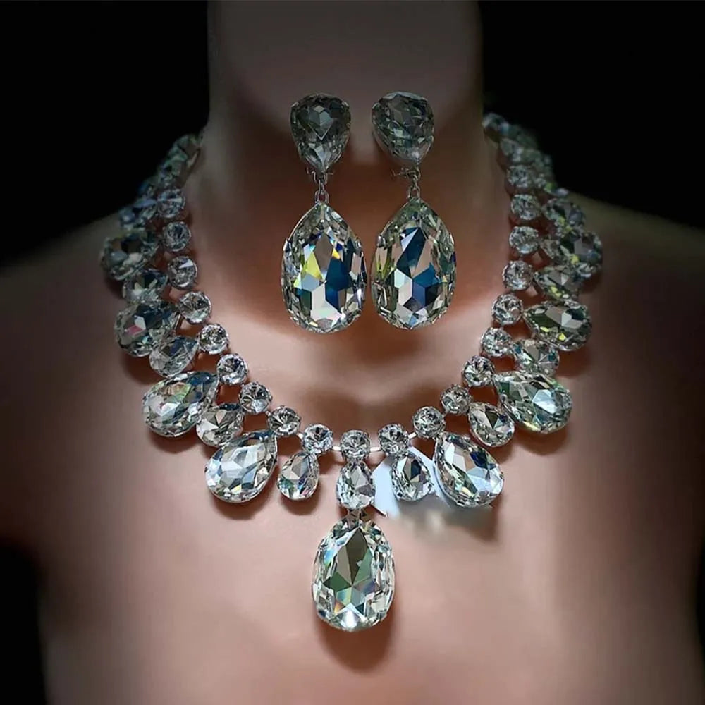 Stonefans Fashion Teardrop Necklace Set for Women Rhinestone Crystal Adjustable Statement Wedding Necklace and Earrings Set Gift