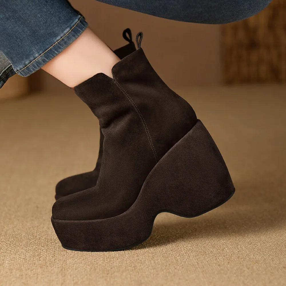Brand Women Wedges Boots Suede Platform Women Ankle Boots High Quality Walking Comfy Woman Shoes New Sexy High Heels Bootie