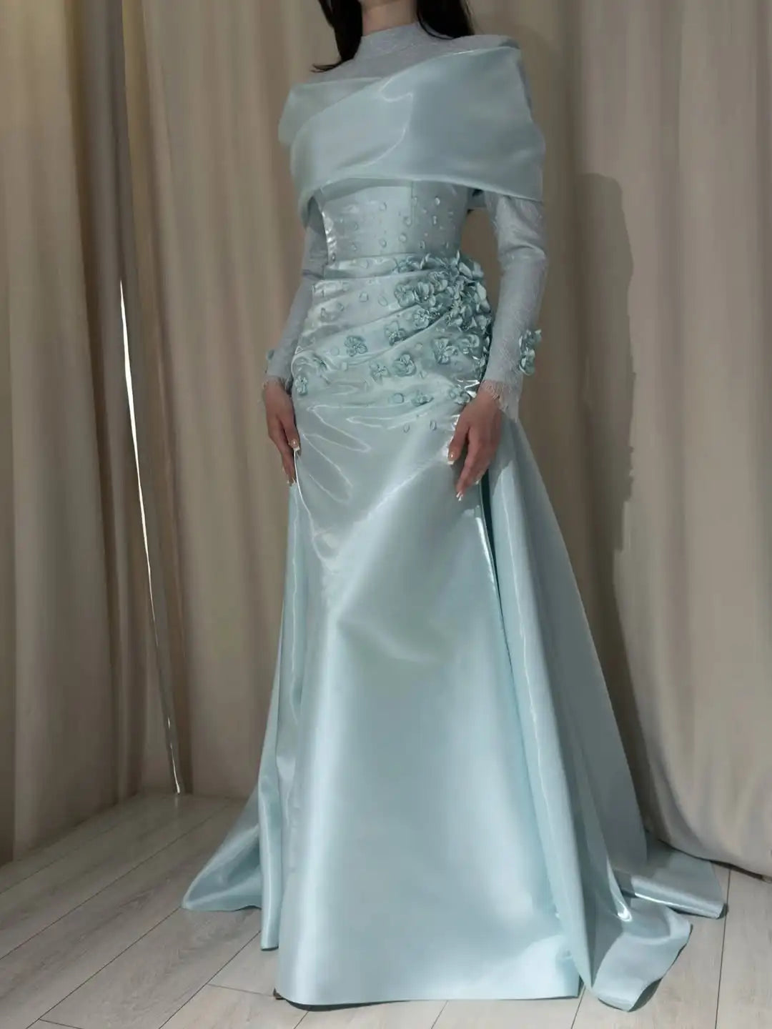 Elegant Layered Satin Lace Evening Dress High Neck Long Sleeve Floral Bead Decoration Bodycon Mermaid Sweep Train Maxi Gown