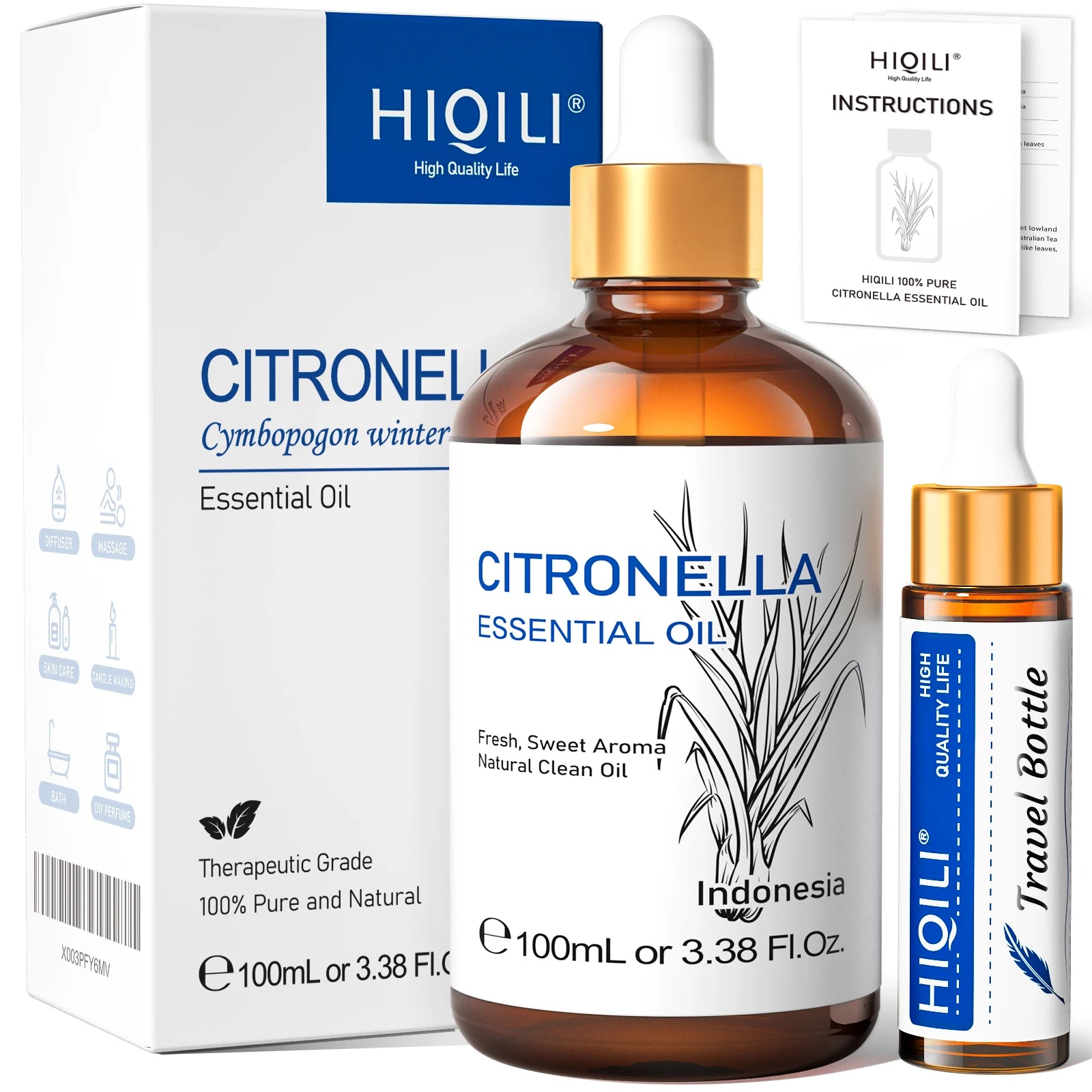 HIQILI Ylang-Ylang Essential Oil 100ML Citronella Geranium 100% Natural Tree Oil for Skin Massage Stress Relief & Aromatherapy