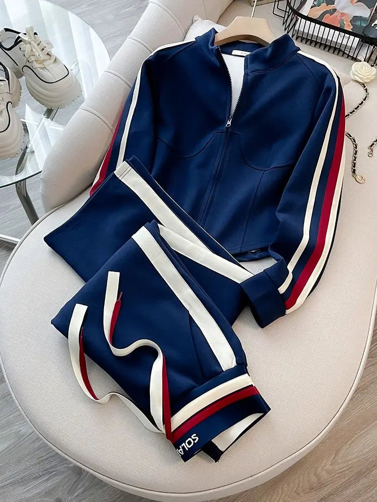 Blue Casual Sports Suit Women's Autumn and Winter Stylish Slimming Cardigan Sweatshirt Straight Leg Pants Two-piece...
