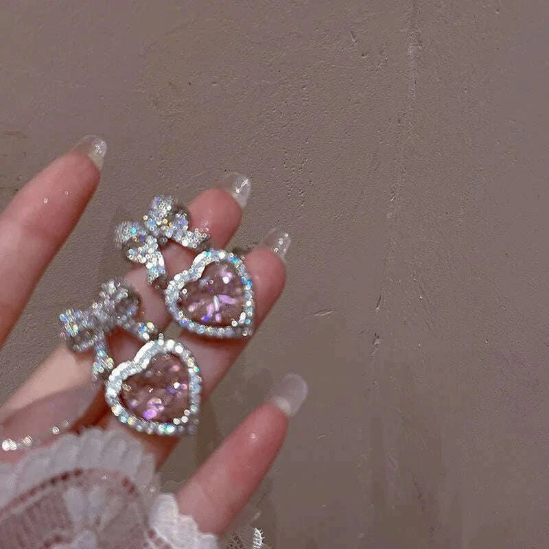 Exquisite Pink Heart Shape Bowknot Stud Earrings For Women Shining CZ Zircon Love Earring Girl Wedding Party Temperament Jewelry