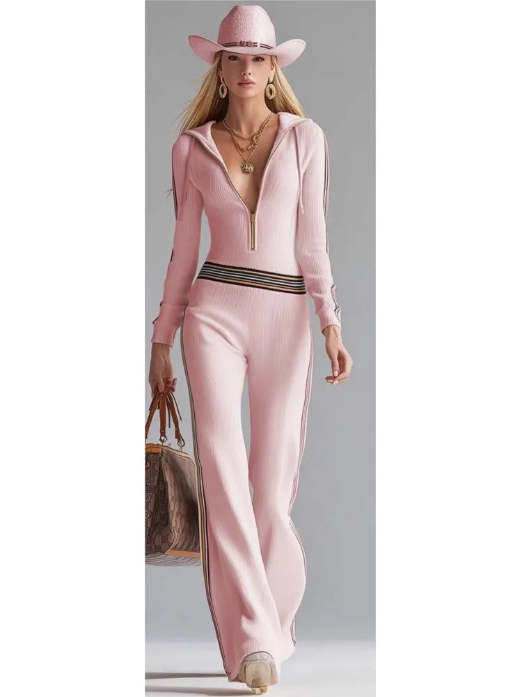 Contrast Color Stitching Pit Strip Knitted Jumpsuit New Women's Spring Autumn Long-sleeved Zippered Long-sleeved Hooded Jumpsuit - Kimlud