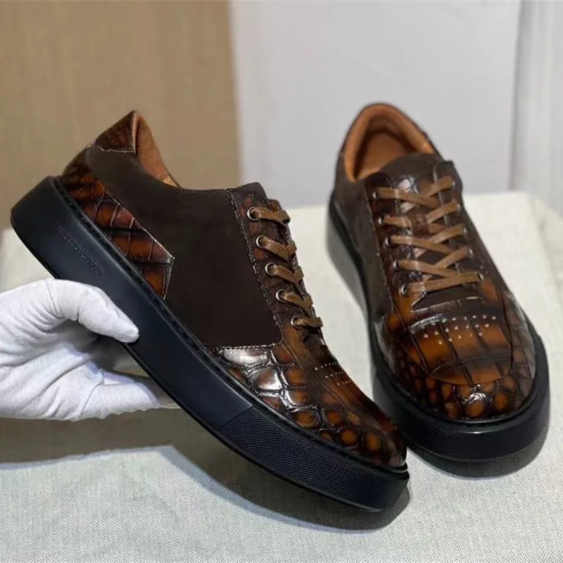 Authentic Exotic Crocodile Skin Hand Painted Men's Soft Board Shoes Genuine Real Alligator Leather Male Lace-up Patchwork Flats