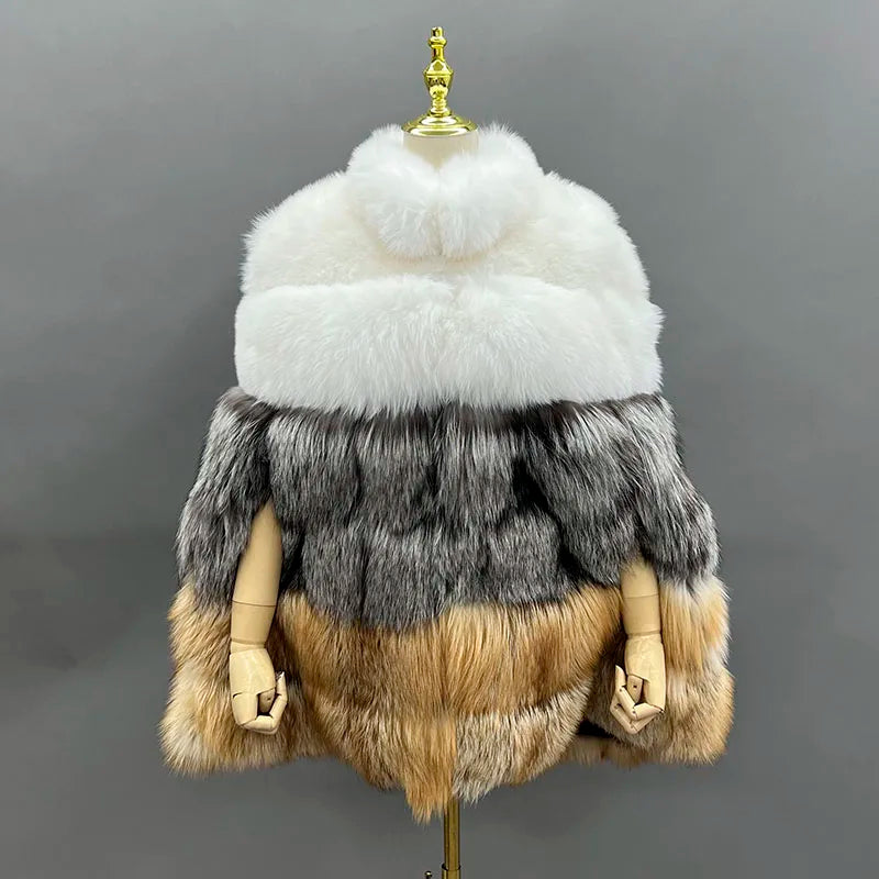 JANEFUR Women's Winter Warm Cloak True Fox Fur Cloak Six-section Stand-up Collar Fox Poncho Winter Female Cape