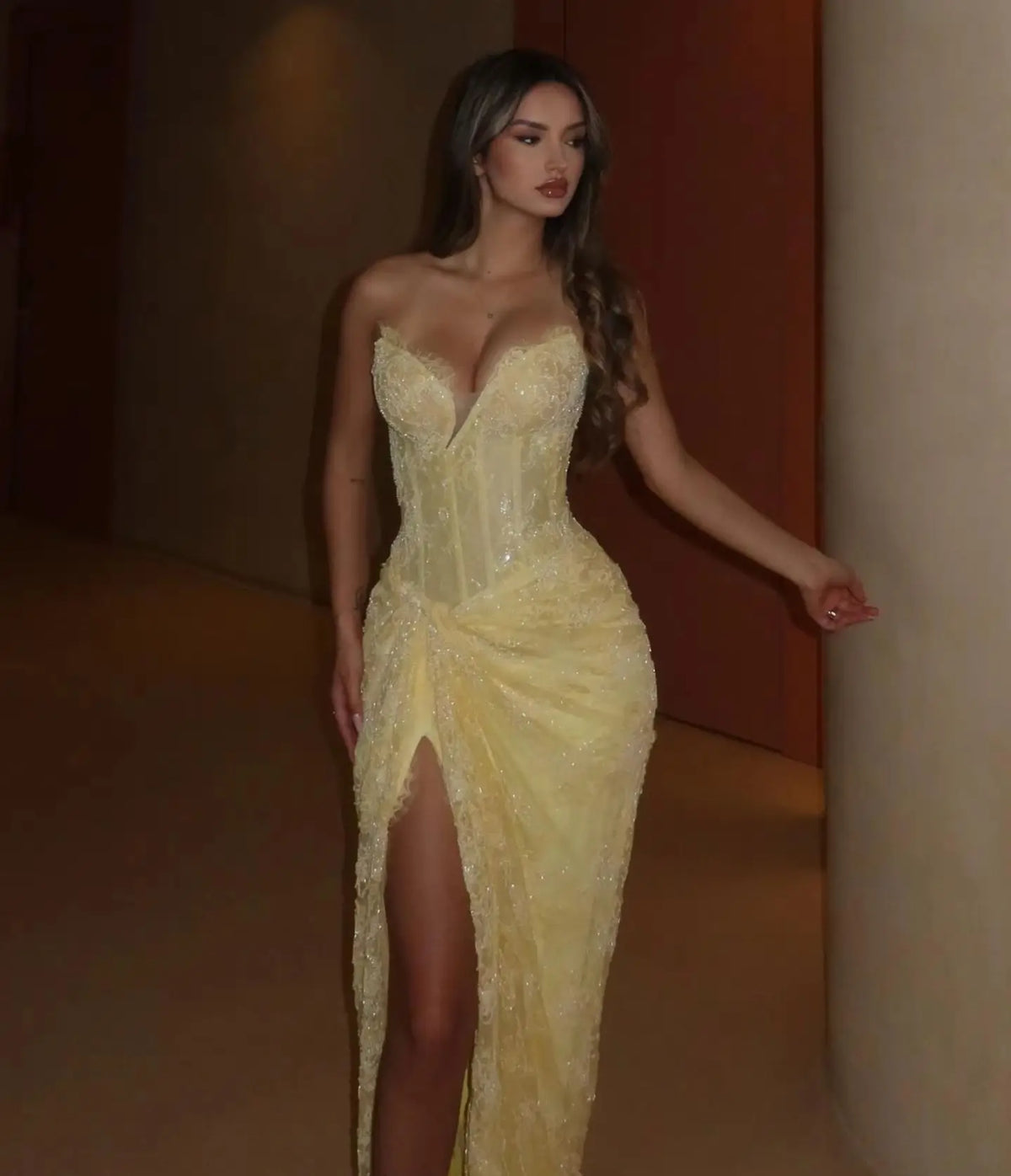 Strapless Frayed Edge Sweetheart Corset Prom Gown Glitter Lace Twisted Waist High Thigh Slit Wedding Guest Formal Dress