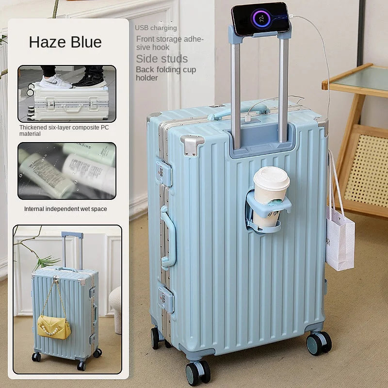 New Suitcase 30 inch Aluminium Frame USB Charging Luggage Carrier Boardable 20 inch Cabin Suitcases on Wheels with Cup Holder