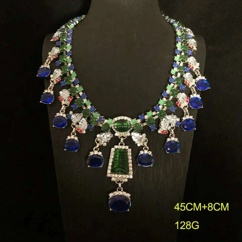 High-End Feel Blue Gemstone Choker Necklace Earrings Suit Fashionable Lockbone Chain Jewelry Set For Special Occasions