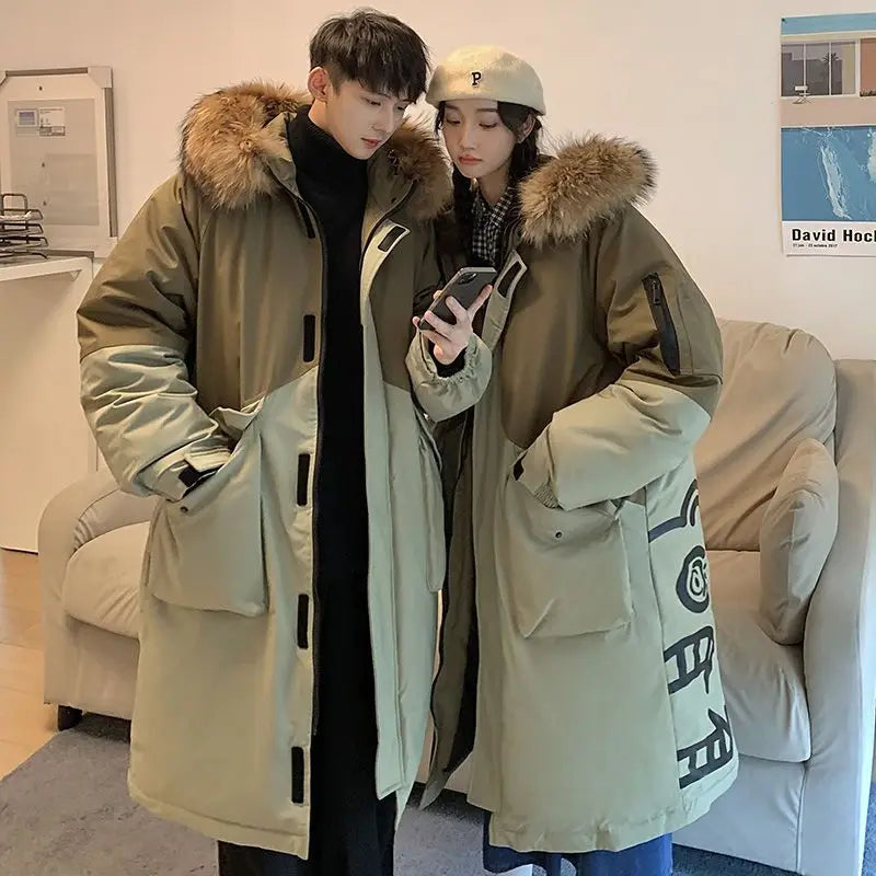 Men's Parkas Hooded Down Jacket Couple Mid-length Over-the-knee Loose Animal Fur Collar Jackets Zipper Pockets Thick Tops Coat