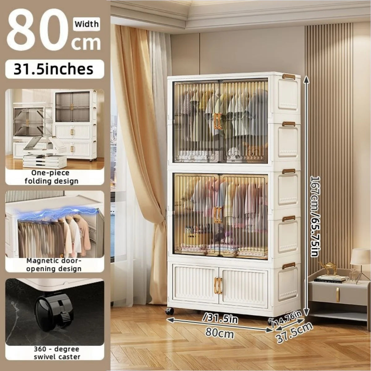 80cm no-installation folding storage cabinet, bedroom children's wardrobe, multi-layer storage box with wheels - Kimlud