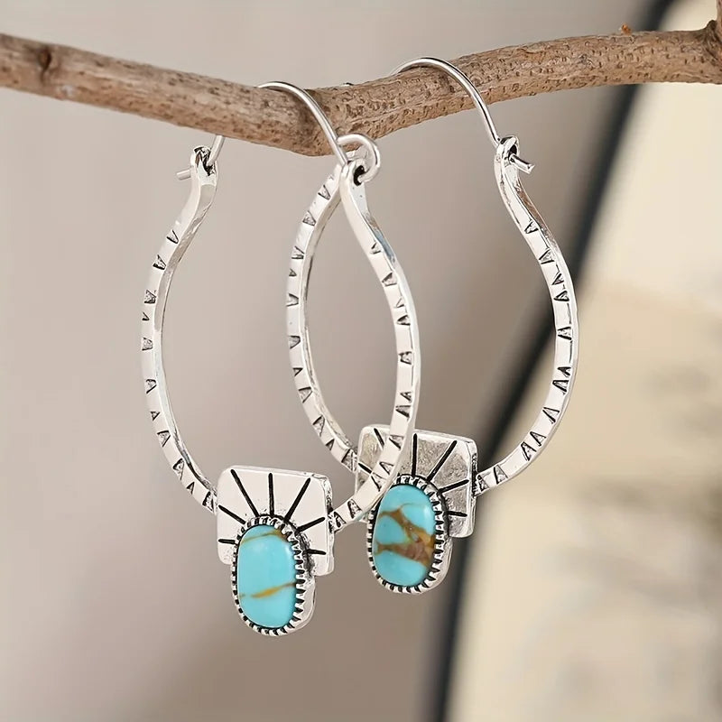 Boho-Chic Hoop Earrings - Silvery Plated, Synthetic Gemstone Inlay, Zinc Alloy - Perfect for Casual Attire & Gifting |...