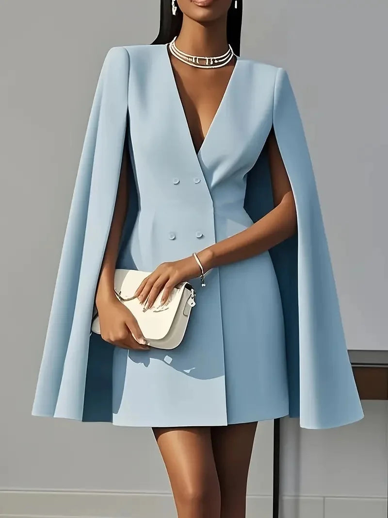 Women's Double Breasted Shawl Cape Suit Dress - Solid Color V-Neck Mini Dress with Open Back Sleeves - Kimlud
