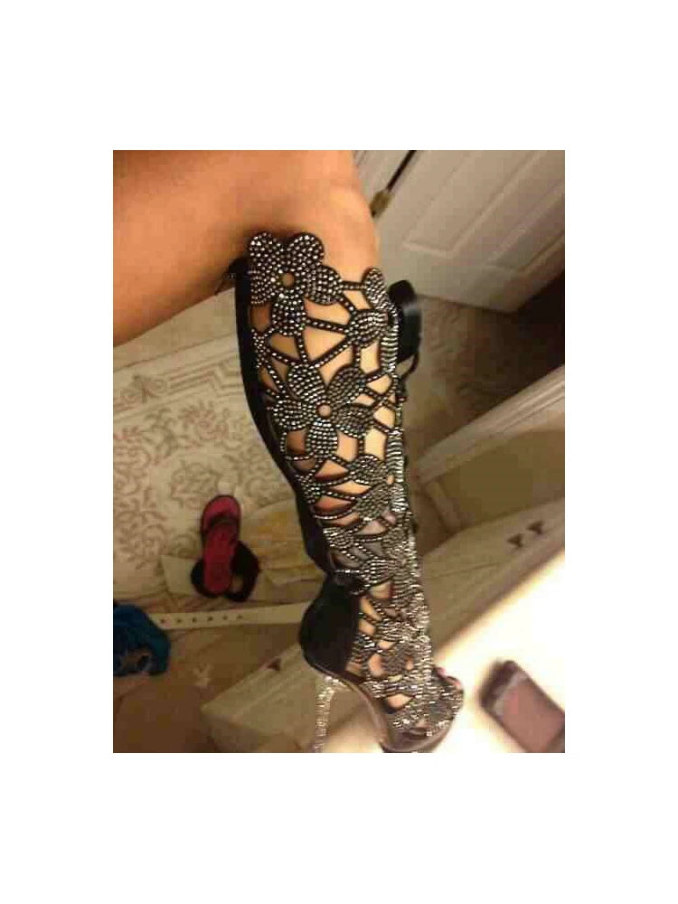 2026 Women's Rhinestone Hollow Out Knee High Boots, Peep Toe High Heel Sandals, Summer Mesh Gladiator Sandals, Crystal Stiletto