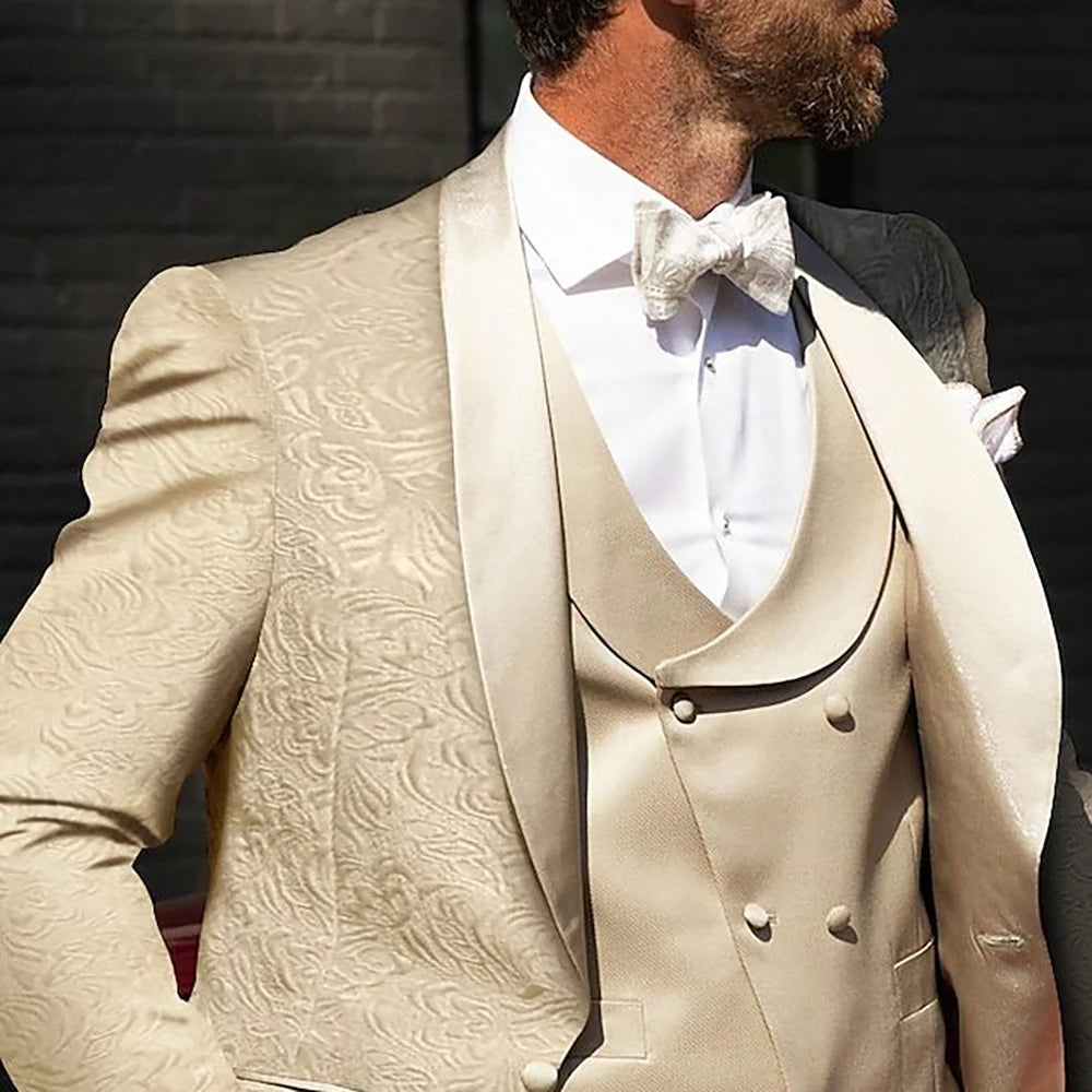 Jacquard Men's 3 Pieces(Jacket+Vest+Pants) Suit Set with Satin Shawl Lapel Single Button Luxury Wedding Tuxedo Groom Blazer