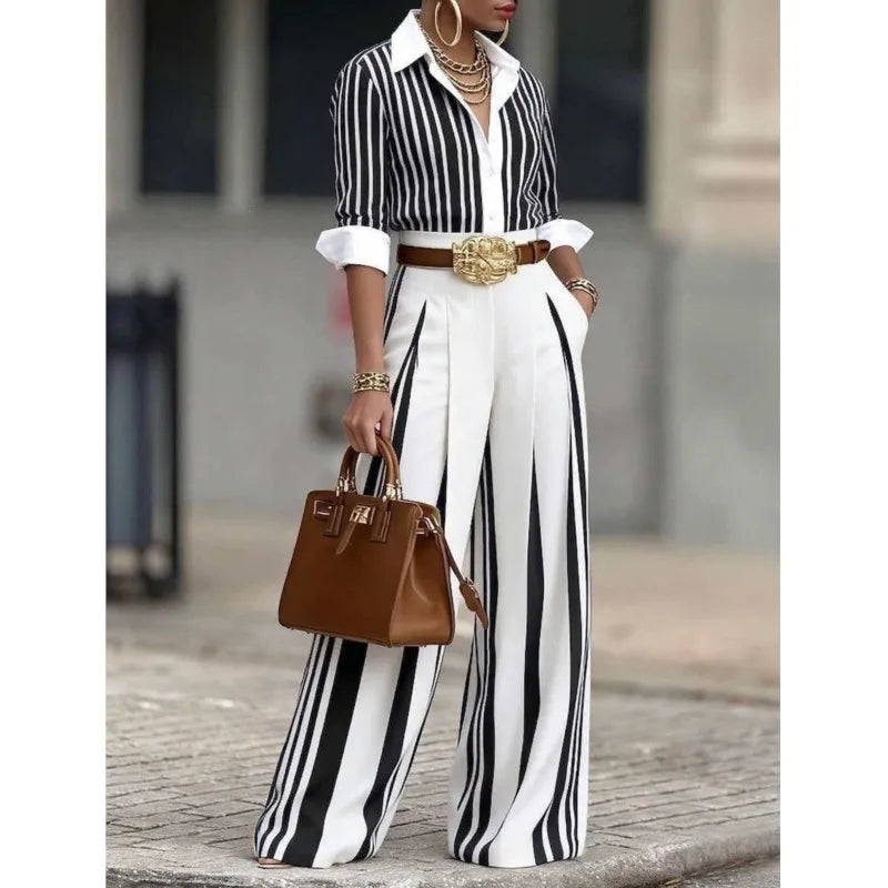 Women Fashion Striped Printed Shirt Two Piece Sets Autumn Lapel Single-Breasted Long Sleeve Shirt Top + Wide Leg Pants Outfit