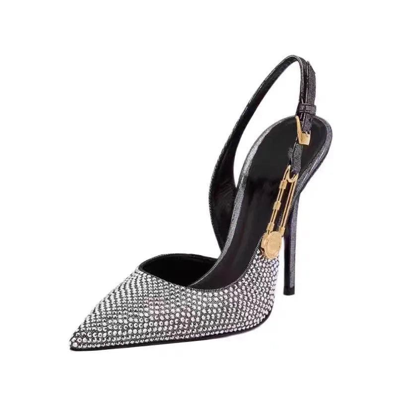 Women Shoes Luxury Rhinestones Sequined Buckle High Heels Elegant Pointed Toe Slingbacks Stiletto Shoes for Women Fashion Shoes