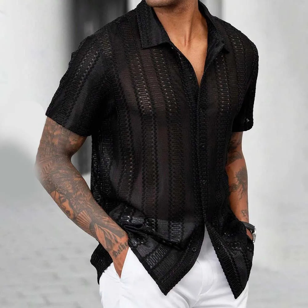 Black As Pictures Show Men s Summer Mesh Shirt Lace Shirt For Men Slight Stretch Solid Color Brand New Regular Length - Kimlud