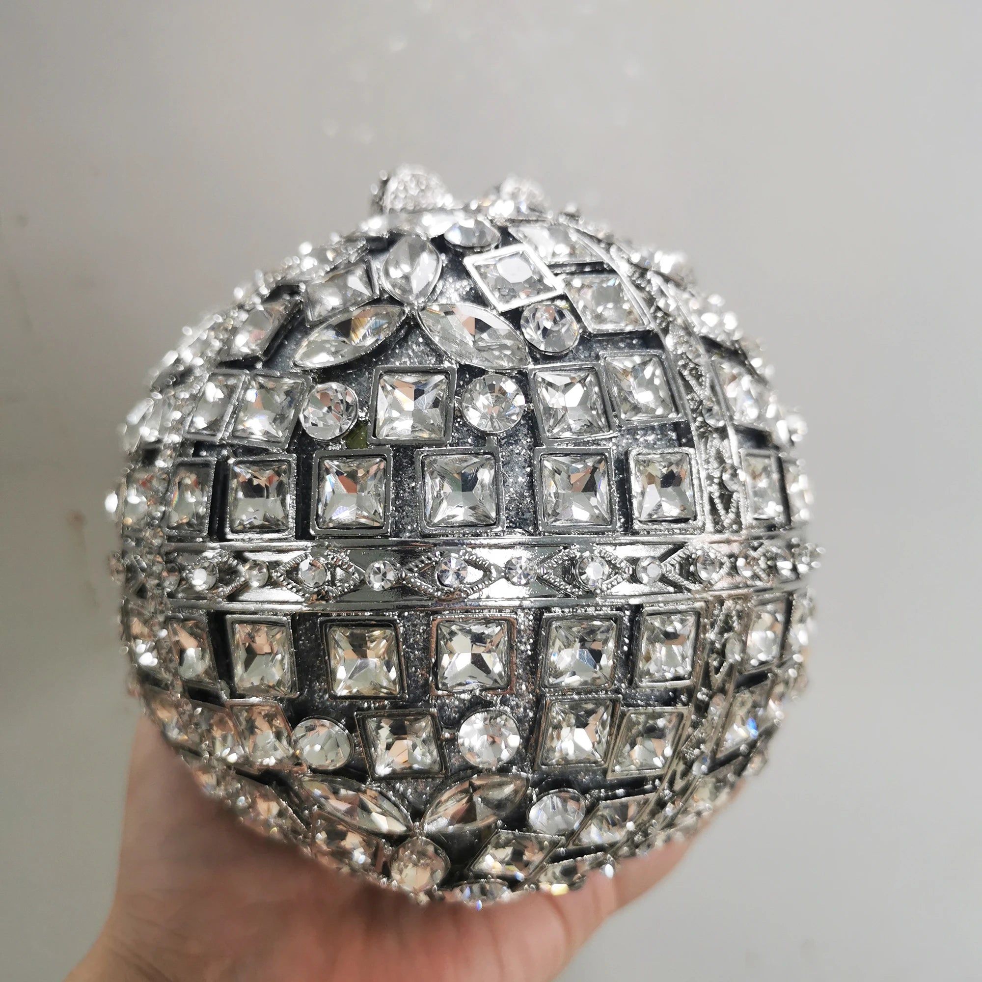Woman Silver Crystal Stone Ball Shape Evening Bag Banquet Birthday Party Gift Lady Handbag Wedding Bridal Diamond Hollow Purse - Kimlud