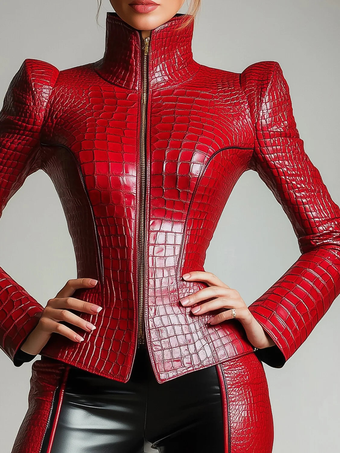 PU Leather Alligator Pattern Long Sleeve Zipper Jacket Turtleneck Slim Long Sleeve High Street Gothic Vintage Outerwear Coat