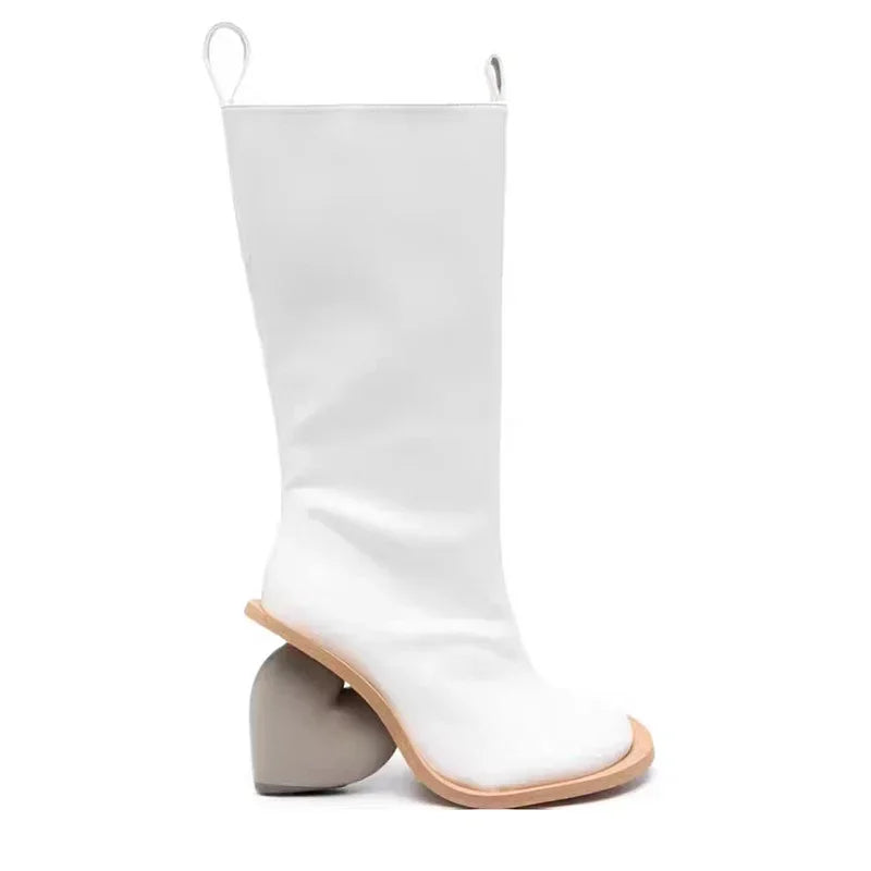 New Retro Sexy Round Toe Peach Heart Heel Side Zipper Knee High Boots European American Fashion Show Color Blocked Women's Boots