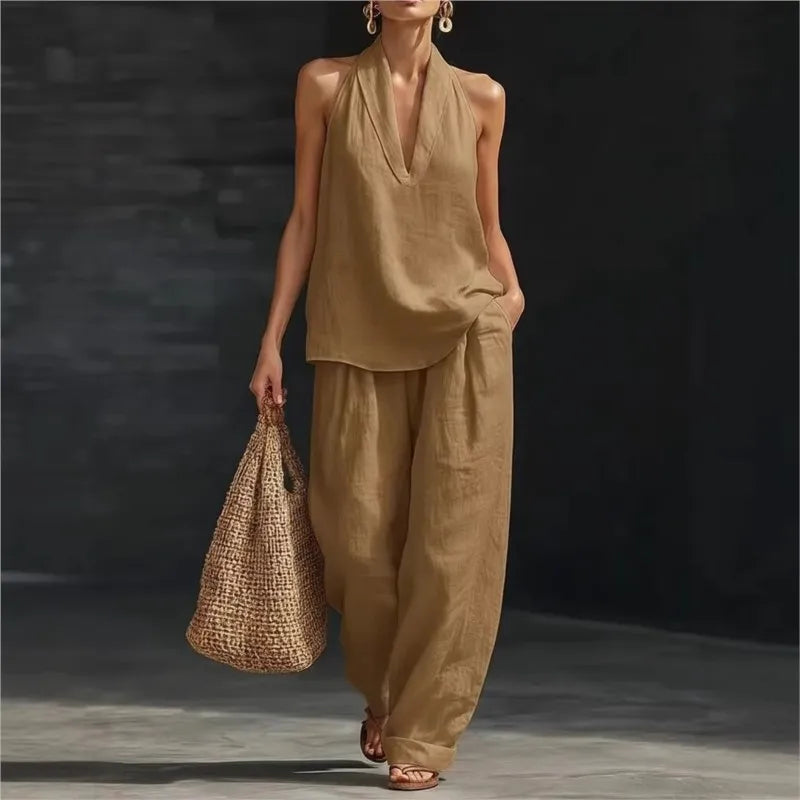 Casual Solid Set For Women Fashion Solid Sleeveless V Neck Tops+High Waist Wide Leg Pants 2 Piece Sets Lady Holiday Women's
