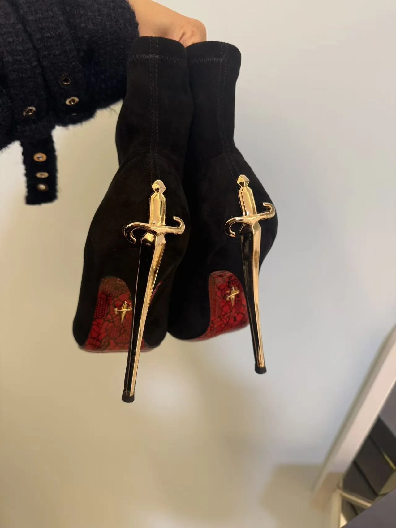 Elegant Short Boots High Boots Velvet Surface Red Bottom High Heels Ladies Fashion Metal Staff Boots Winter Youth Spring