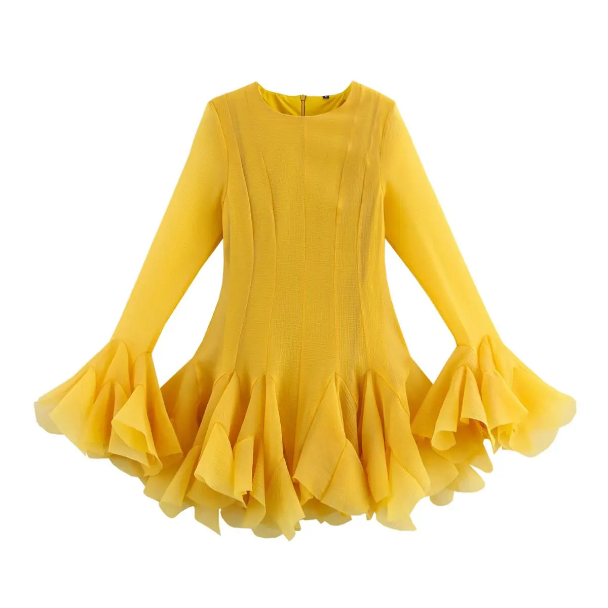 2026 Summer Women's Elegant Multi-Layered Ruffled Hem Mini Dresses Lady Sweet French Style Long Flare Sleeve Slim Fit Puffy Robe - Kimlud