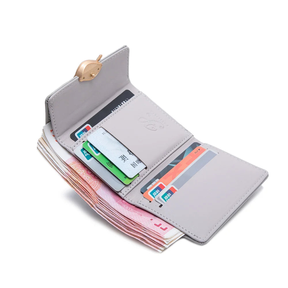 New purse Female Japan and South Korea small fresh PU solid color three fold bag multi-card folding large capacity coin student - Kimlud
