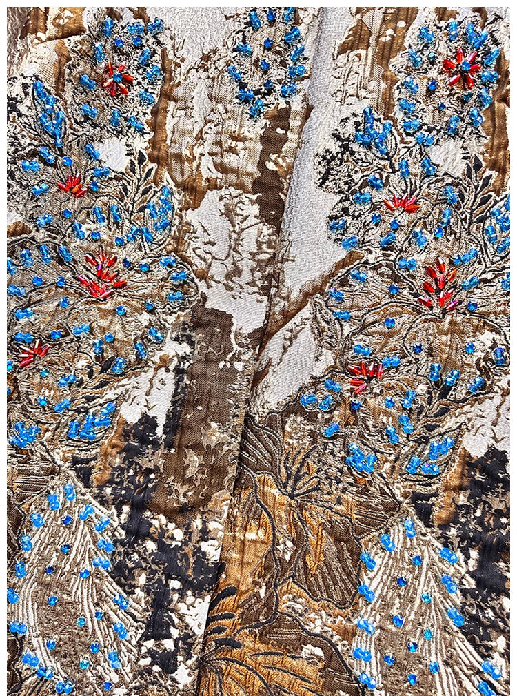 Luxury Jacquard Coat for Women Autumn Winter Vintage Gold Embroidery Beaded 3/4 Sleeve Loose Outerwear Elegant Retro Jacket