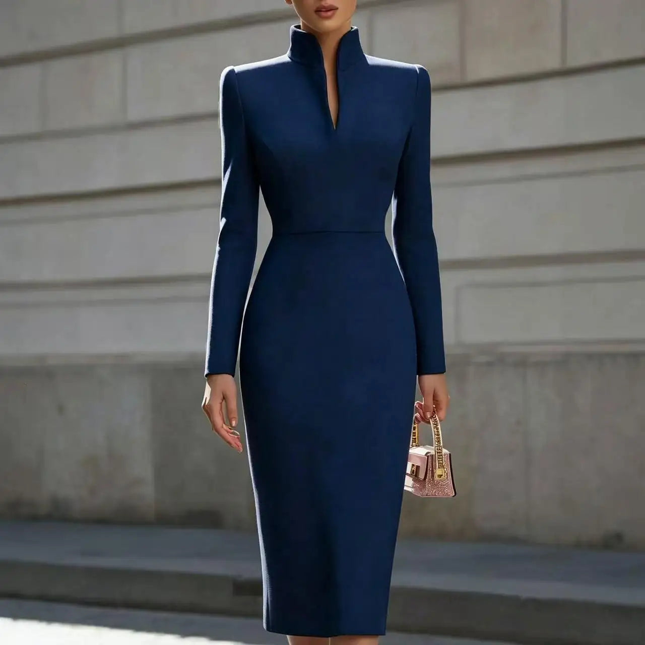 2026 Elegant Stand Collar Split Neck Long Sleeve Bodycon Midi Dress Women Solid Beige Slim Office Business Formal Party Dress Ve