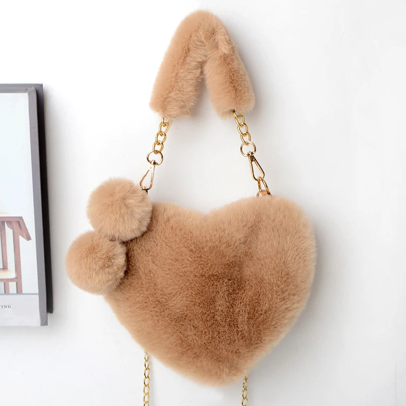 Large Capacity Fur Handbag Heart Shape Ladies Shoulder Bag Fashionable Cute Soft Zipper Closure Interior Phone Pocket