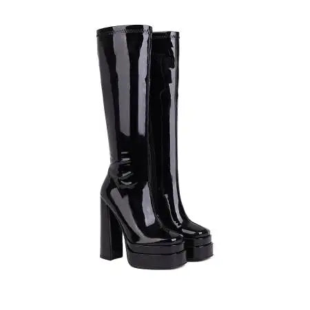 Plus Size 43 Women Knee High Boots Platform Thick High Heel Ladies Motorcycle Boots PU Leather Side Zipper Square Toe Women Boot