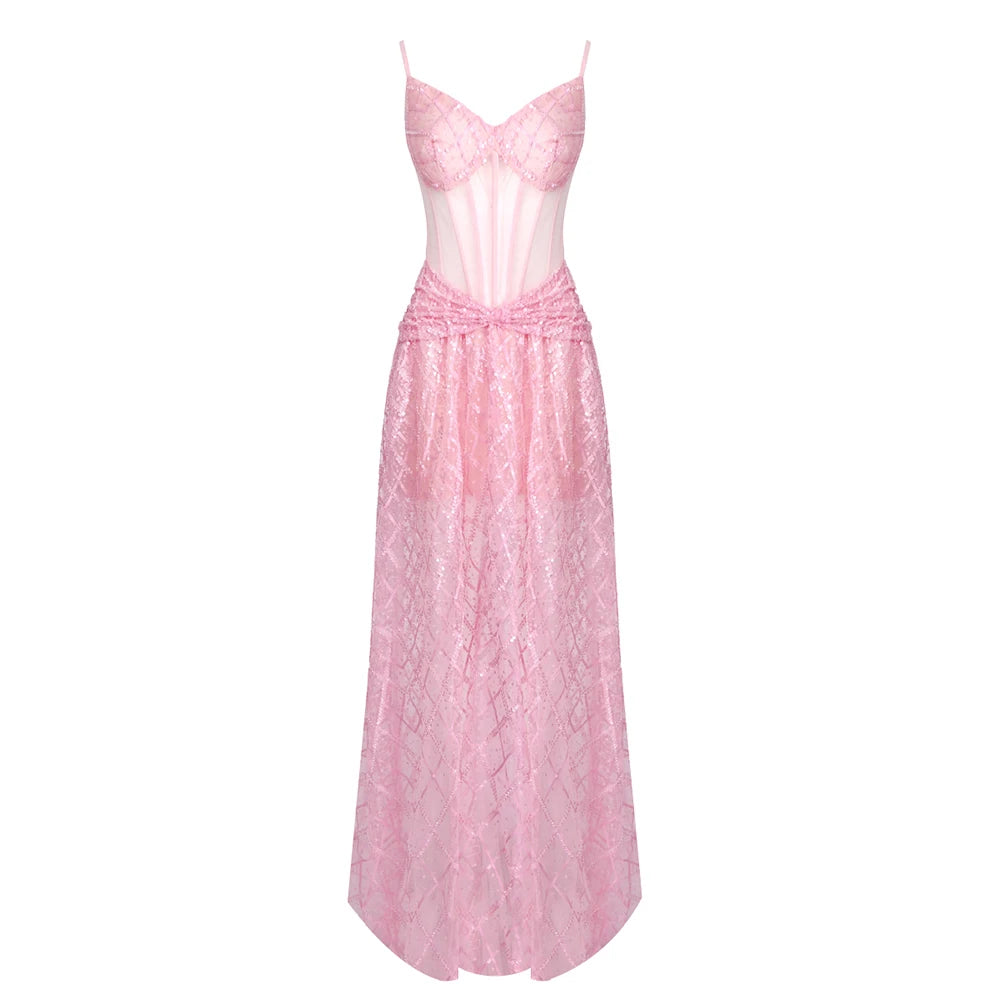 VC Sparkling Pink Off-Shoulder Sequins Dress with Dramatic High Slit for Party Prom Evening Gown