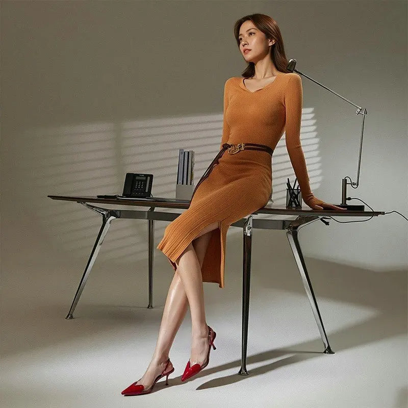 2025 New Pointy Peach Heart Fine Heel Shoes Sexy Pvc Transparent Film Black Patent Leather High Heel Overhead Sandals
