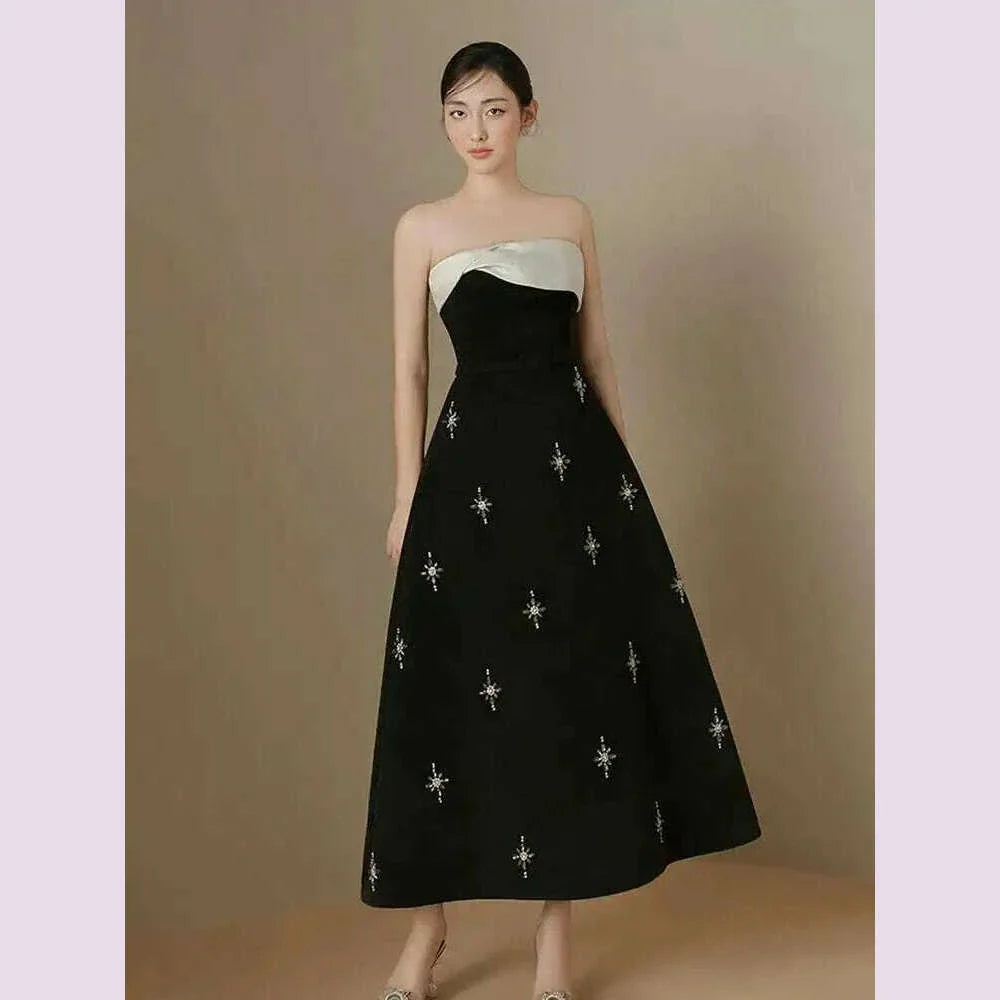 DEAT Elegant Dress Spliced Diamonds Contrast Color Strapless Sleeveless Women's Party Dresses 2024 Autumn New Fashion 15C159