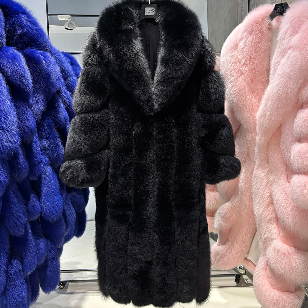 YOLOAgain 2025 Winter Warm Long Luxury Real Fox Fur Jacket Coat Women 120cm length