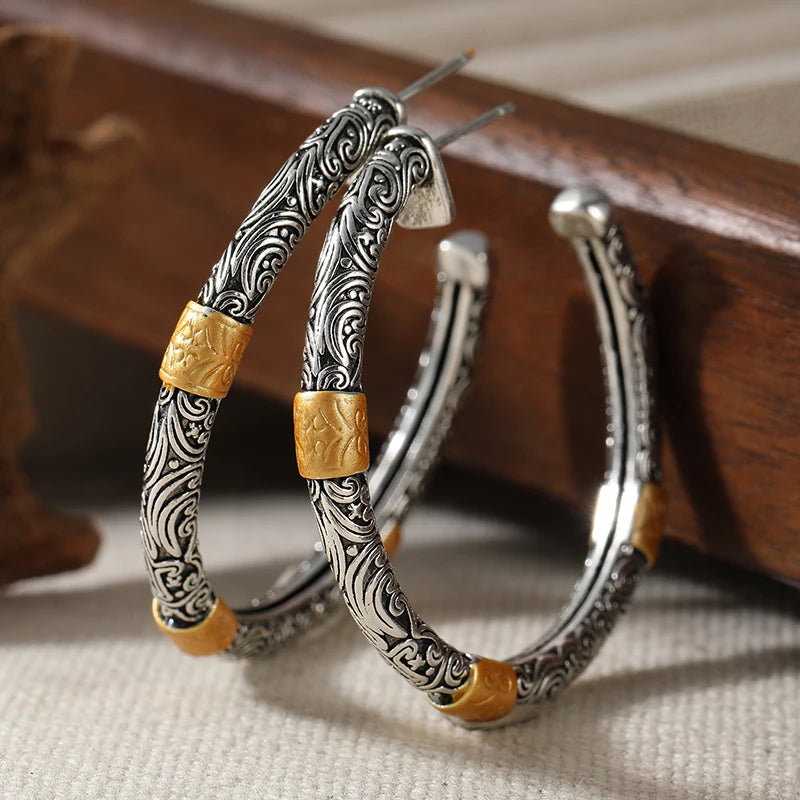 Vintage Exquisite Two-tone Textured Designed Hoop Earrings for Women Bohemian Style Fashion Vacation Banquet Jewelry Accessories