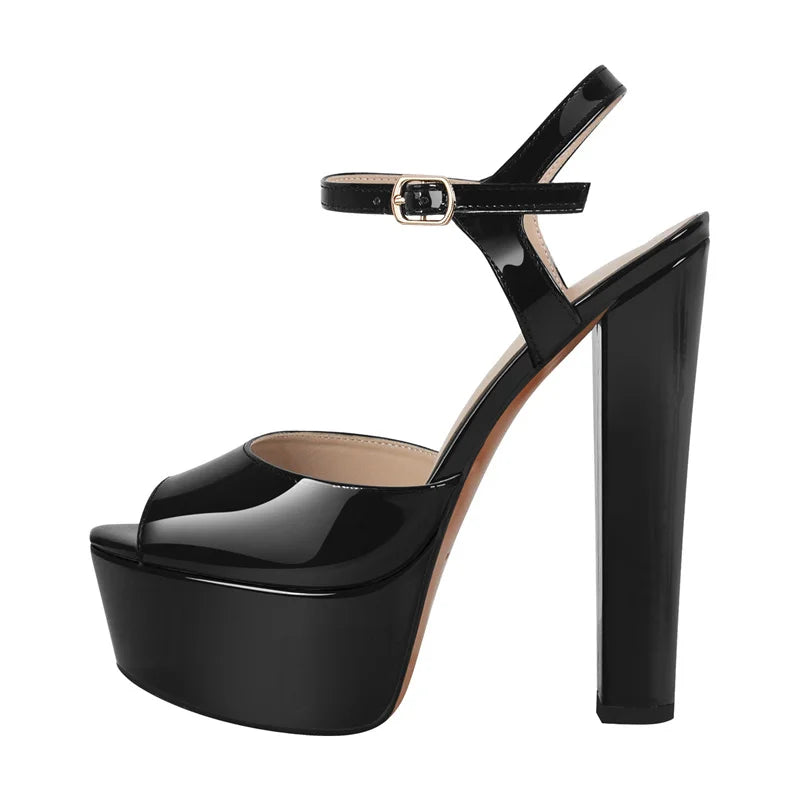 Onlymaker Women Sandals Ankle Strap Peep Toe Platform Black Chuncky High Heels Squre Toe Party Dress Casual Sandals